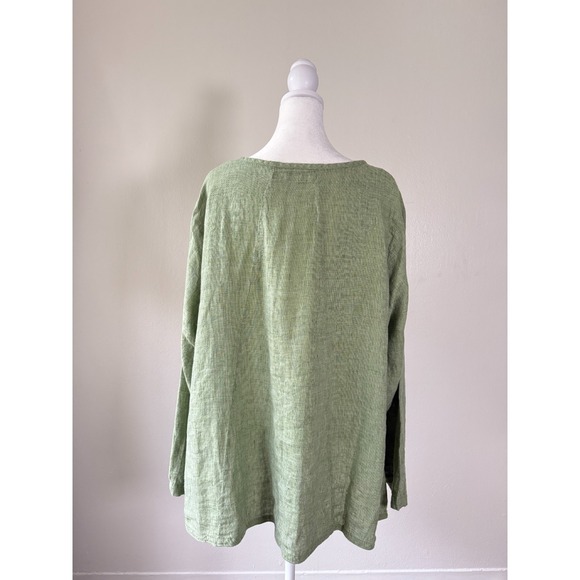 FLAX 1G Green Linen Button Front Top‎ Women 1X Lagenlook Minimalist Casual Artsy - Picture 4 of 15